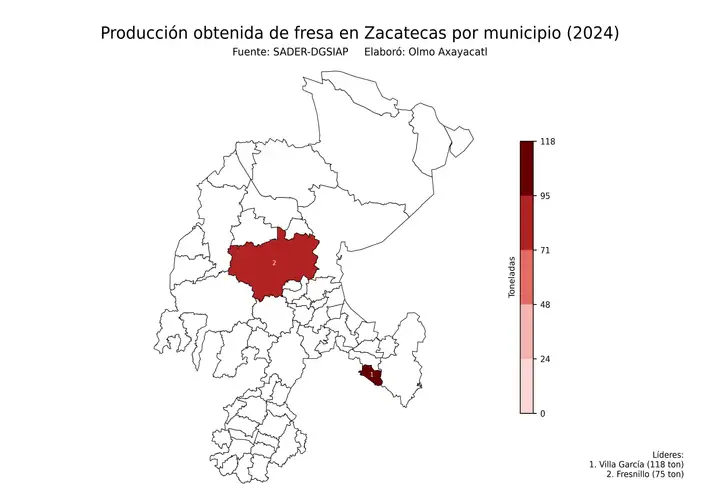 Producción obtenida de fresa en Zacatecas por municipio